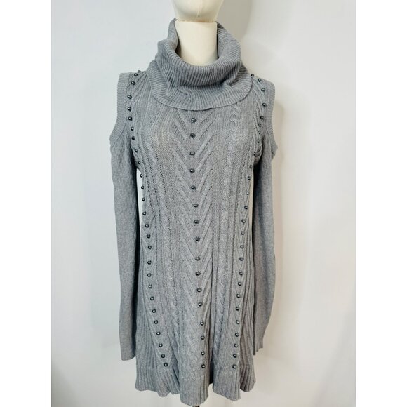 NWOT Bellini Gray L Cold Shoulder Knit Tunic Sweater Dress Turtleneck - Picture 1 of 15